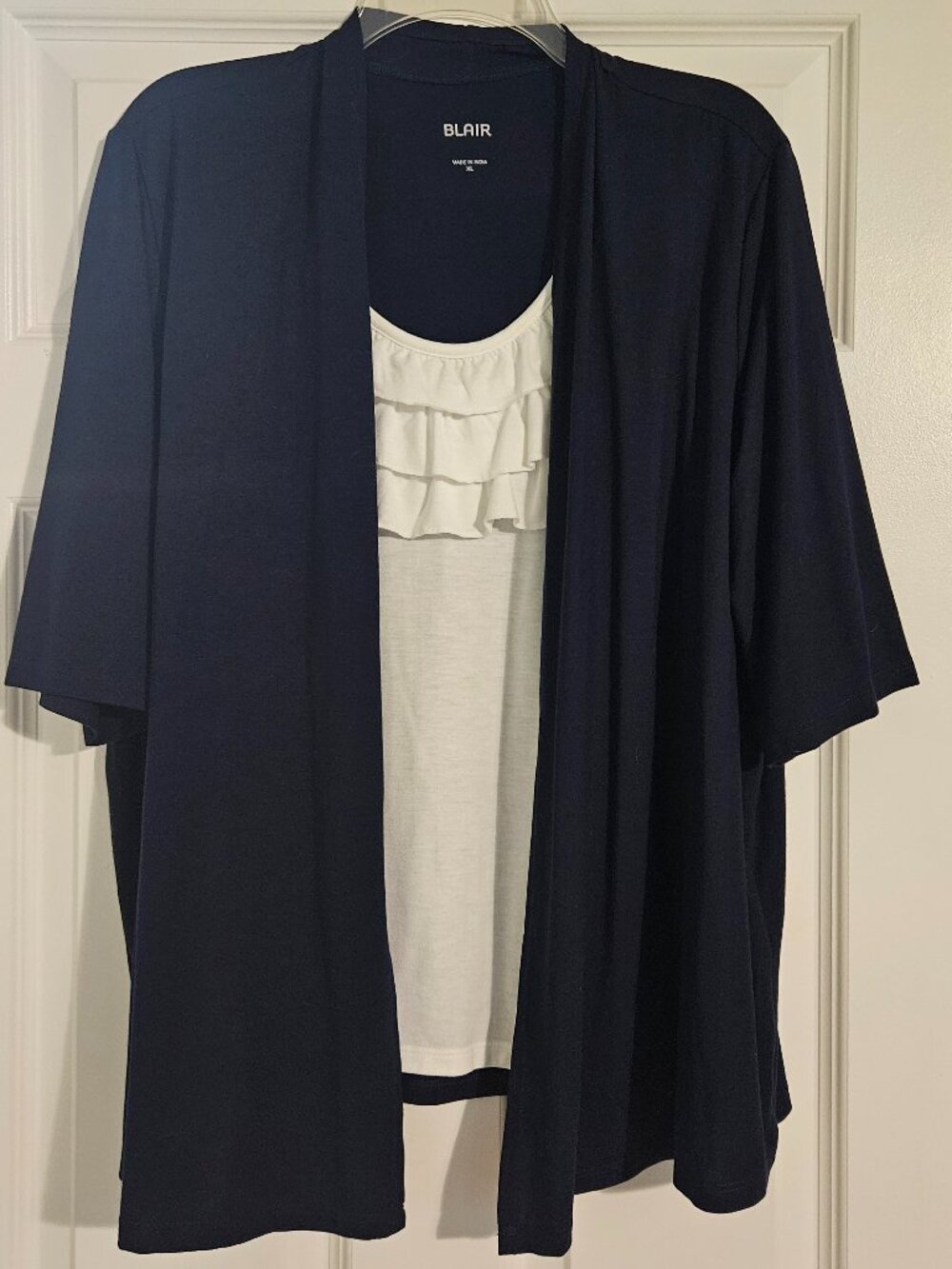 Blair Women's XL Navy Open Cardigan with White Ruffle Layered Tank Top NWT-Like